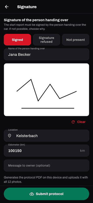 App screen: signature of the person handing over, with place and mileage